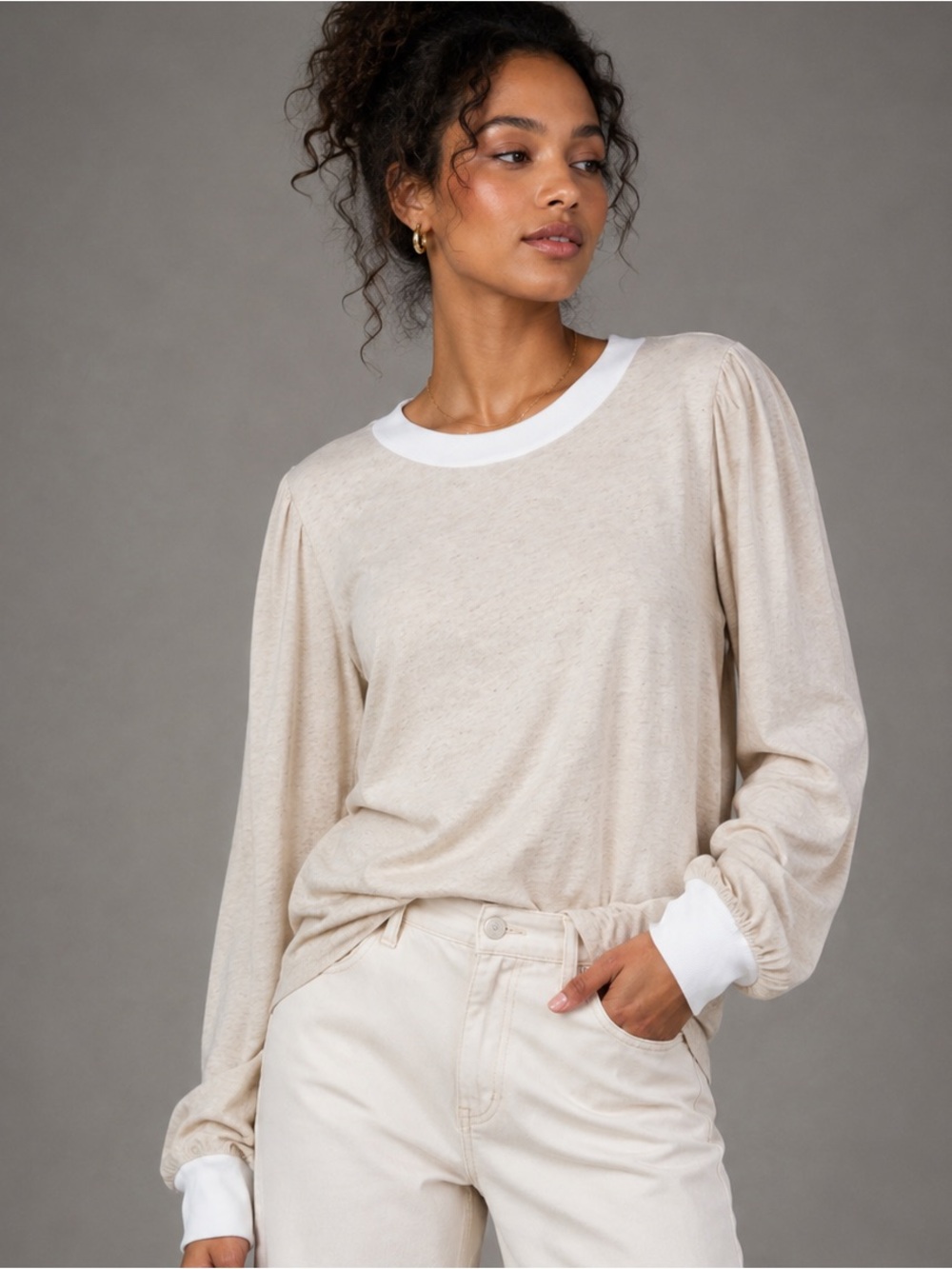 LA Made Oatmeal Linen Cotton Contrast Trim Long Sleeve Top